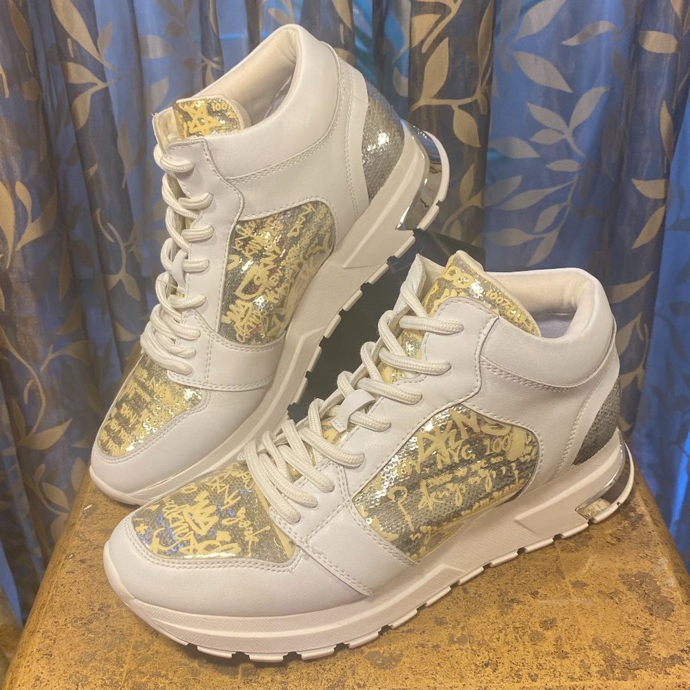 DKNY Glam Signature Graffiti White Sporty Shoes with Silver Sequins